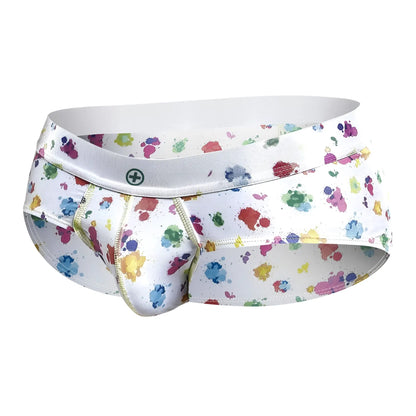 White malebasics new hipster brief with multicolored paint splatter pattern gold stitching and subtle logo on waistband