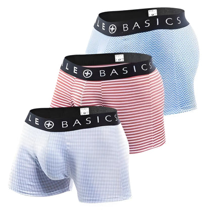 Set of three male basics trunk boxer shorts in blue chevron pink stripes and pale blue gingham with black branded waistbands