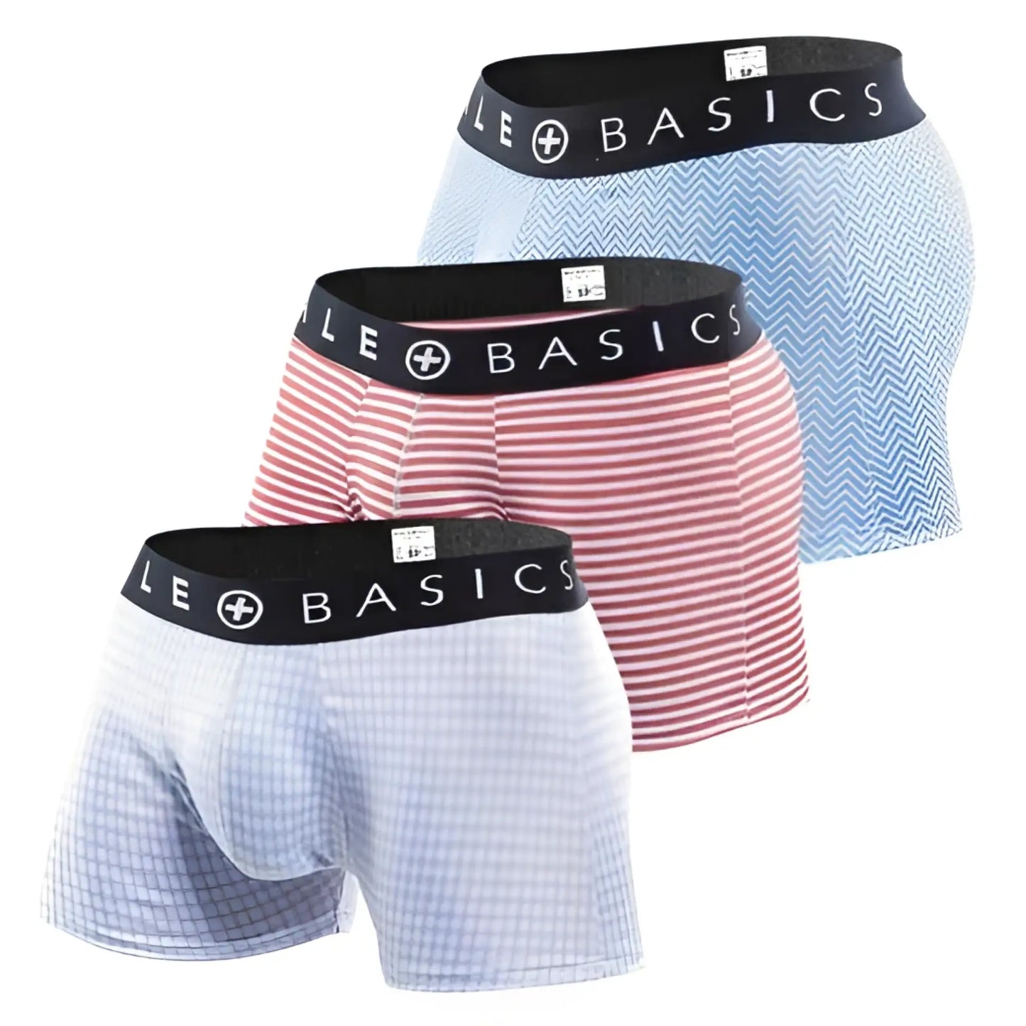 Set of three malebasics trunk boxer shorts in light blue chevron pink white stripes and pale blue gingham patterns