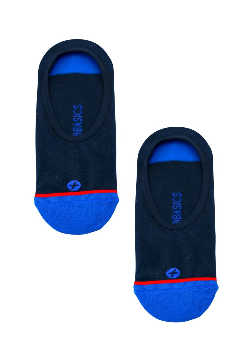 Malebasics no-show sock navy with black fabric vibrant blue toe and heel accents thin red sole stripe branded stumble