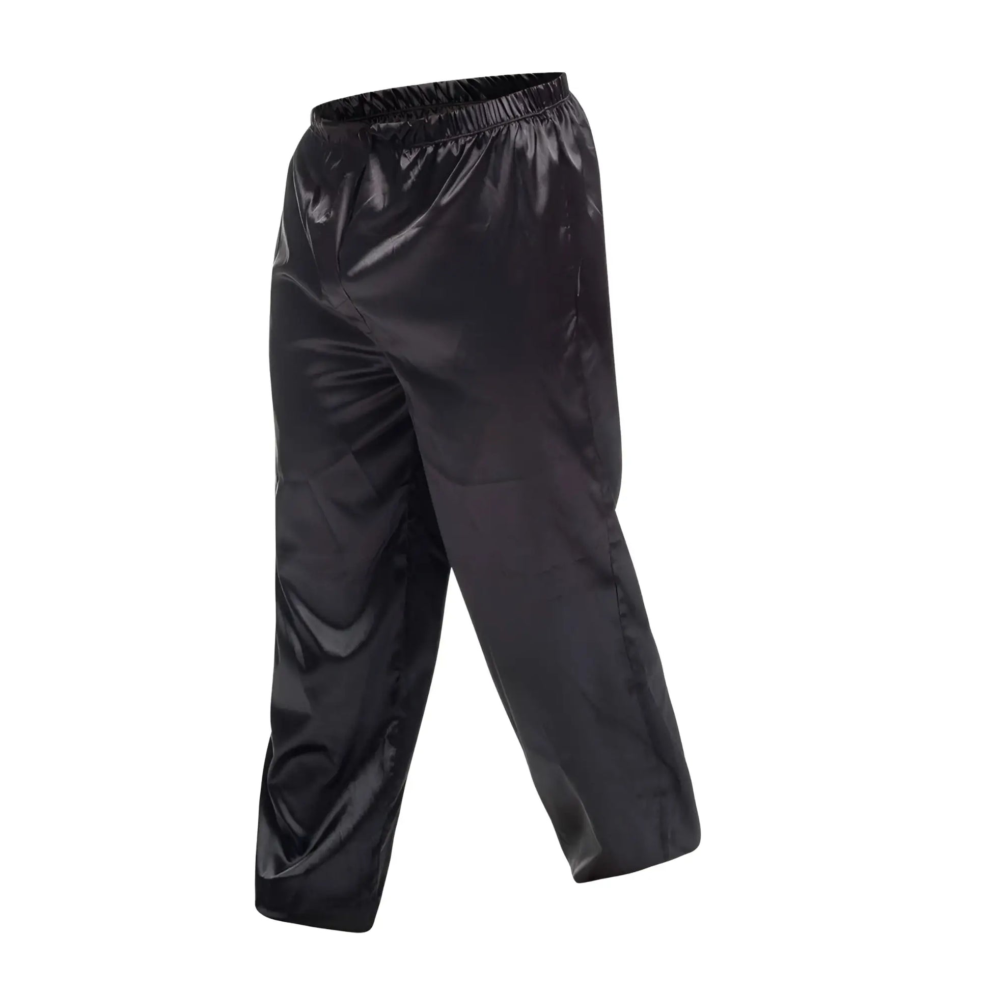 Black satin malebasics pants with elastic waistband offering a sleek and comfortable fit