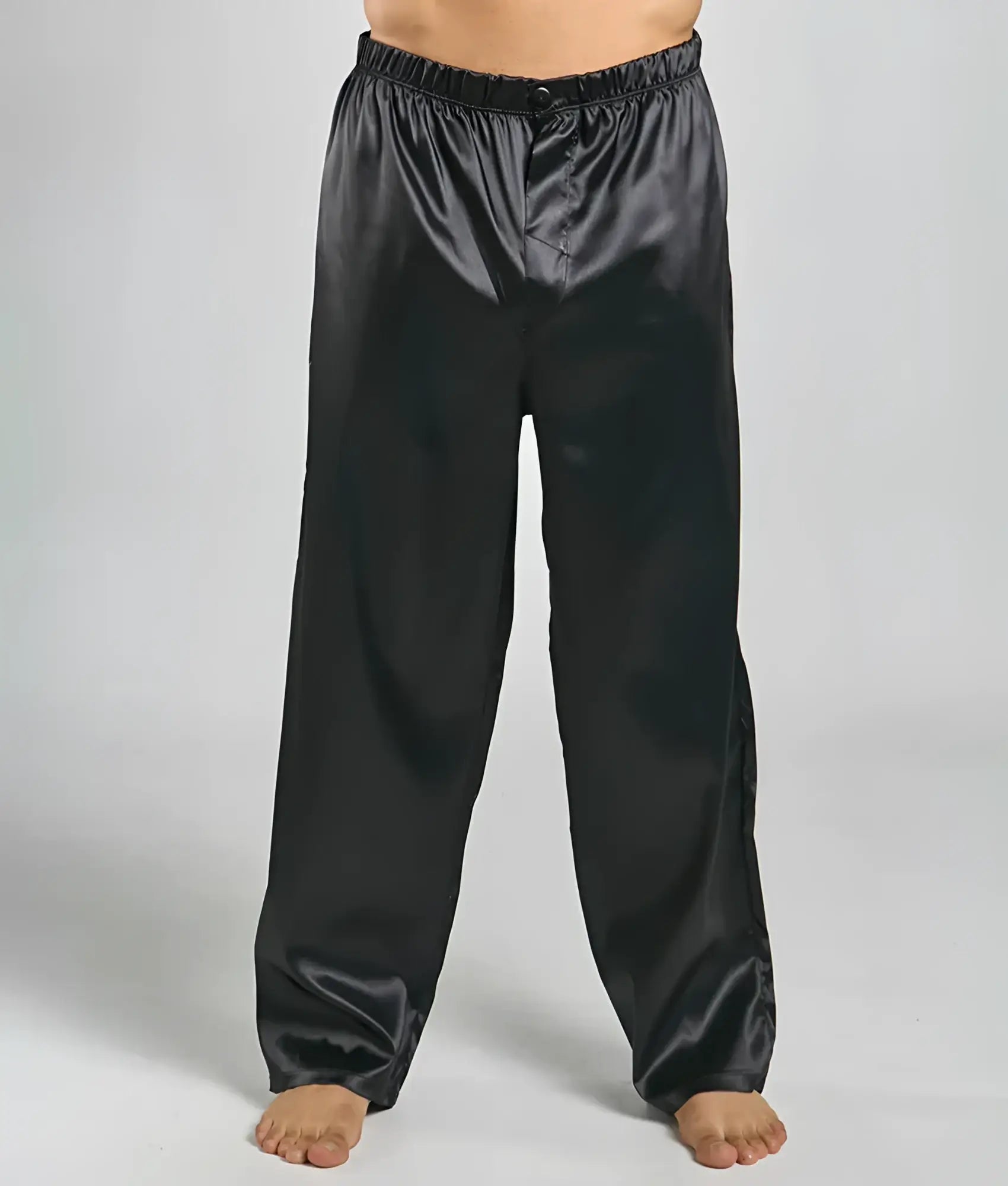 Black satin pajama pants with elastic waistband and glossy finish from Malebasics pants satin collection