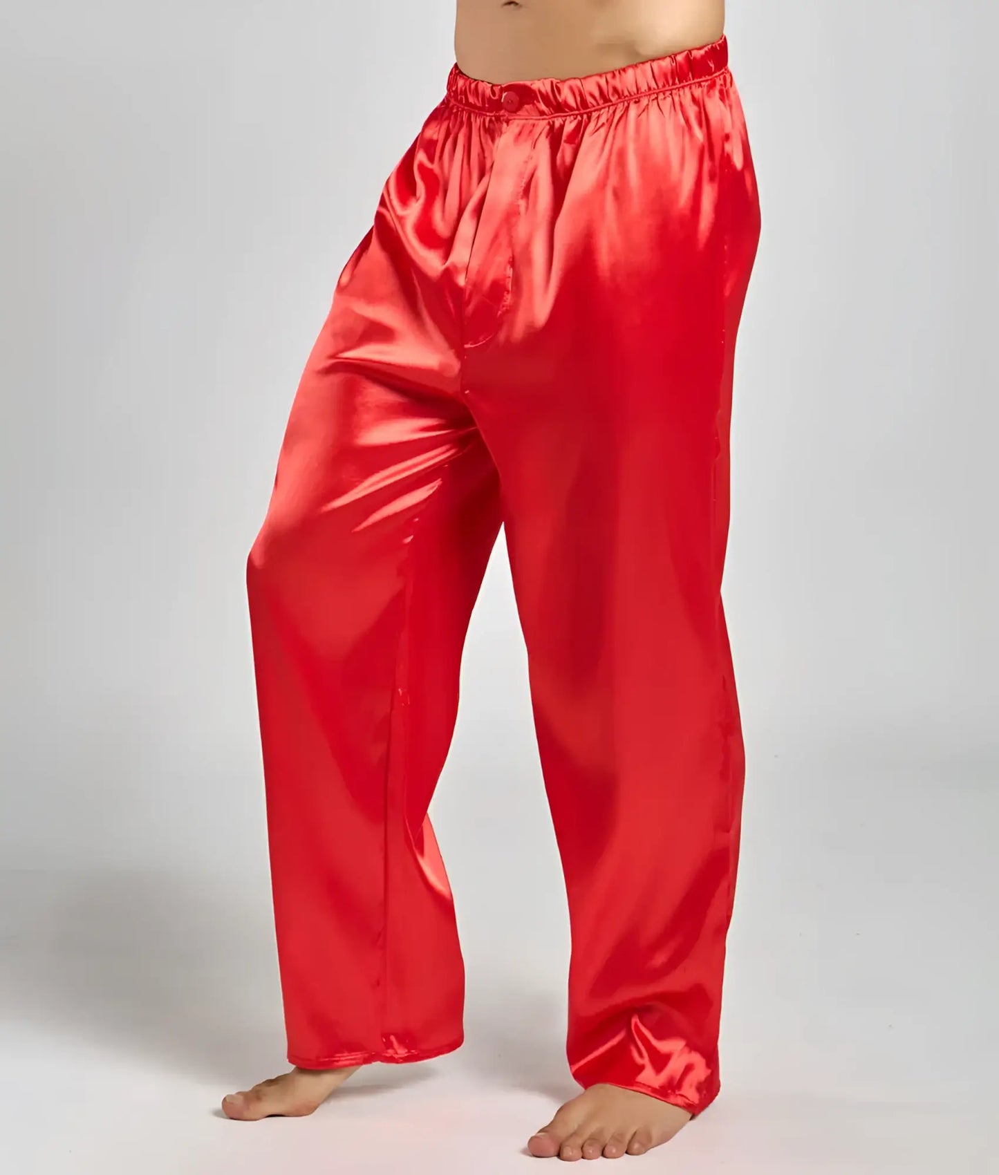Red satin pajama pants from Malebasics with elastic waistband and smooth glossy finish