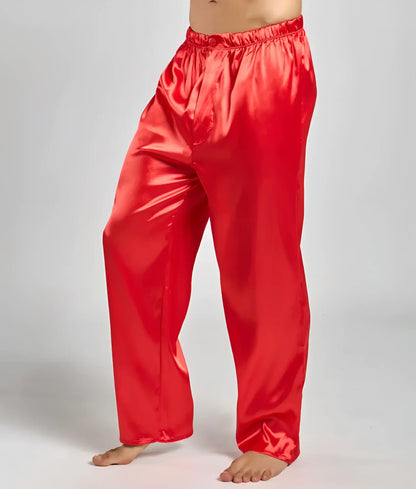 Red satin pajama pants from Malebasics with elastic waistband and smooth glossy finish