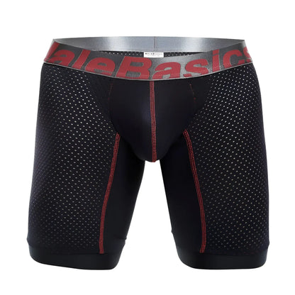 Black mesh malebasics performance titanium fit athletic boxer briefs with red stitching and gray logo waistband
