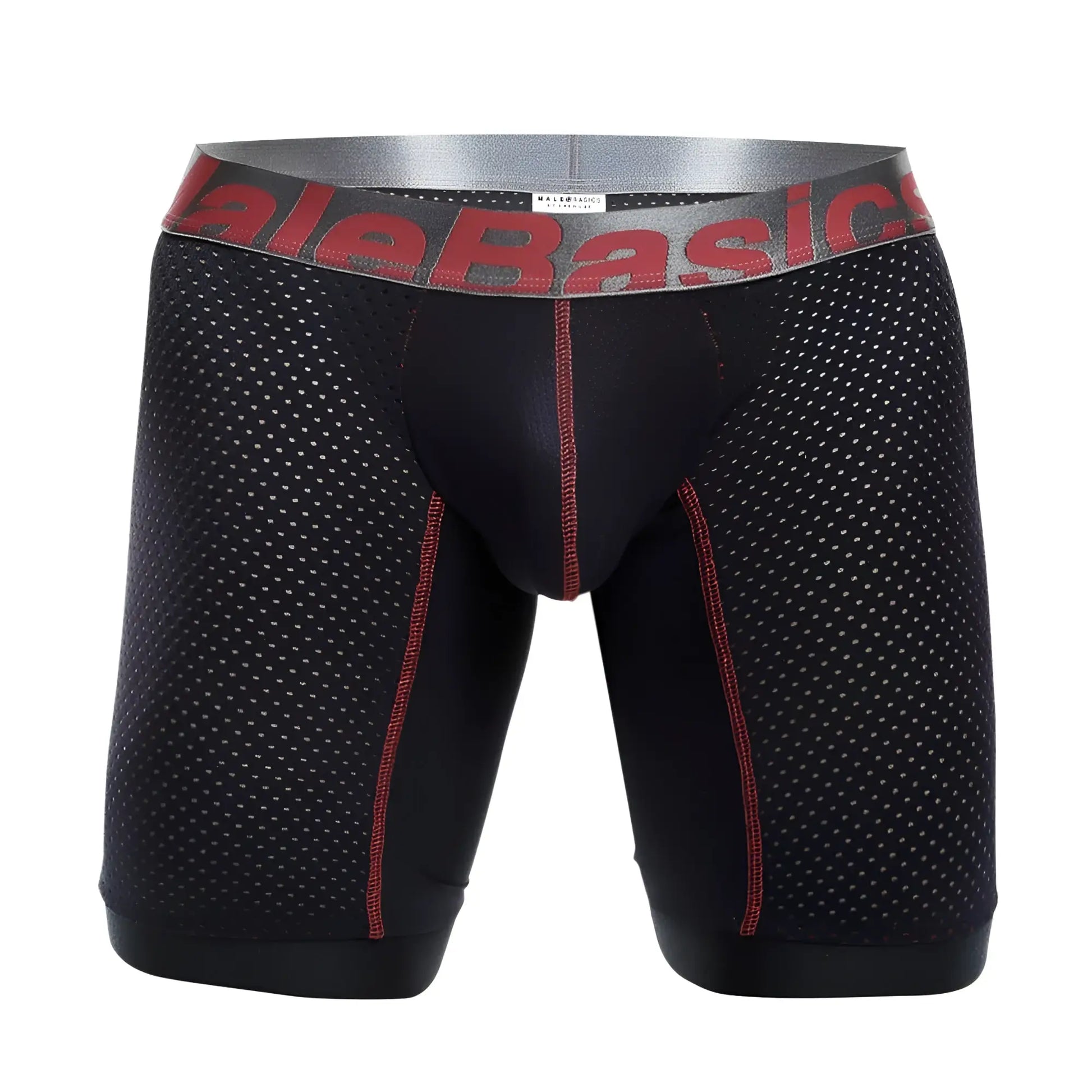 Black mesh malebasics performance titanium fit athletic boxer briefs with red stitching and gray logo waistband