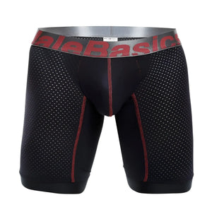 Black mesh malebasics performance titanium fit athletic boxer briefs with red stitching and gray logo waistband