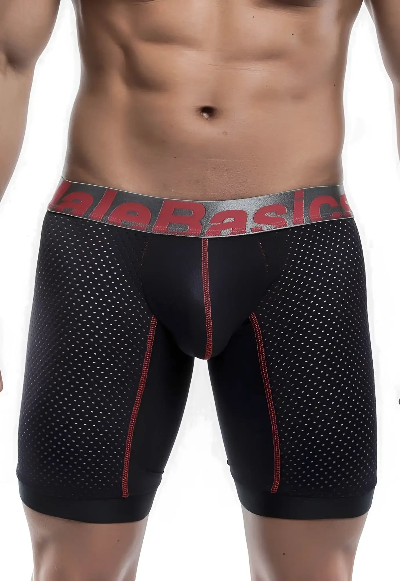 Black malebasics performance titanium fit athletic boxer briefs with perforated mesh and red stitching and waistband logo