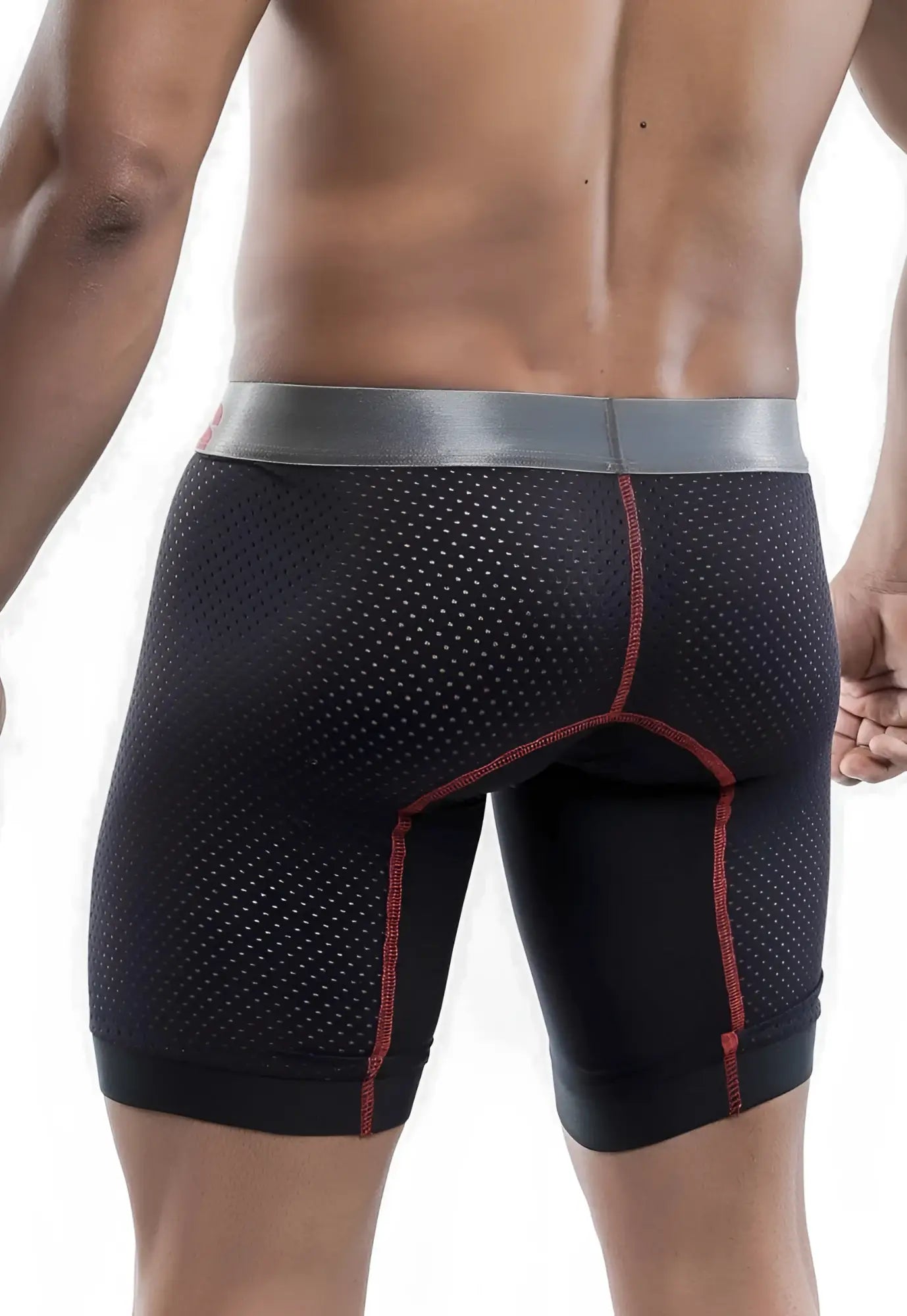 Malebasics performance titanium fit black perforated athletic boxer with silver waistband and red stitching front view