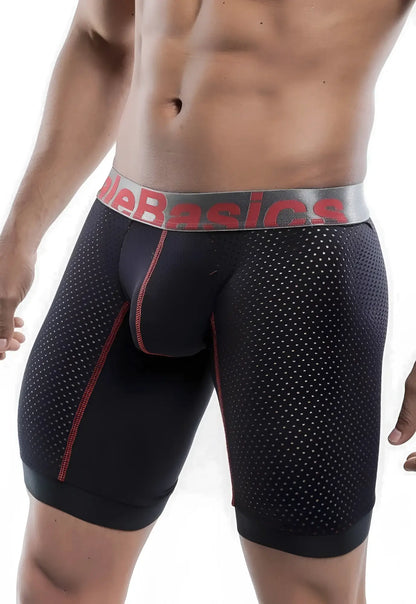 Black perforated mesh malebasics performance titanium fit athletic boxer briefs with red stitching and gray waistband