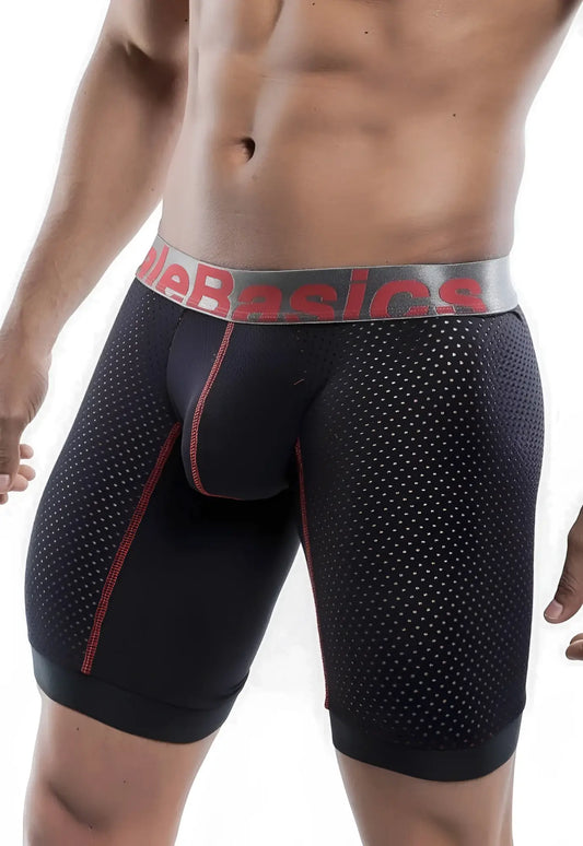Black perforated mesh malebasics performance titanium fit athletic boxer briefs with red stitching and gray waistband