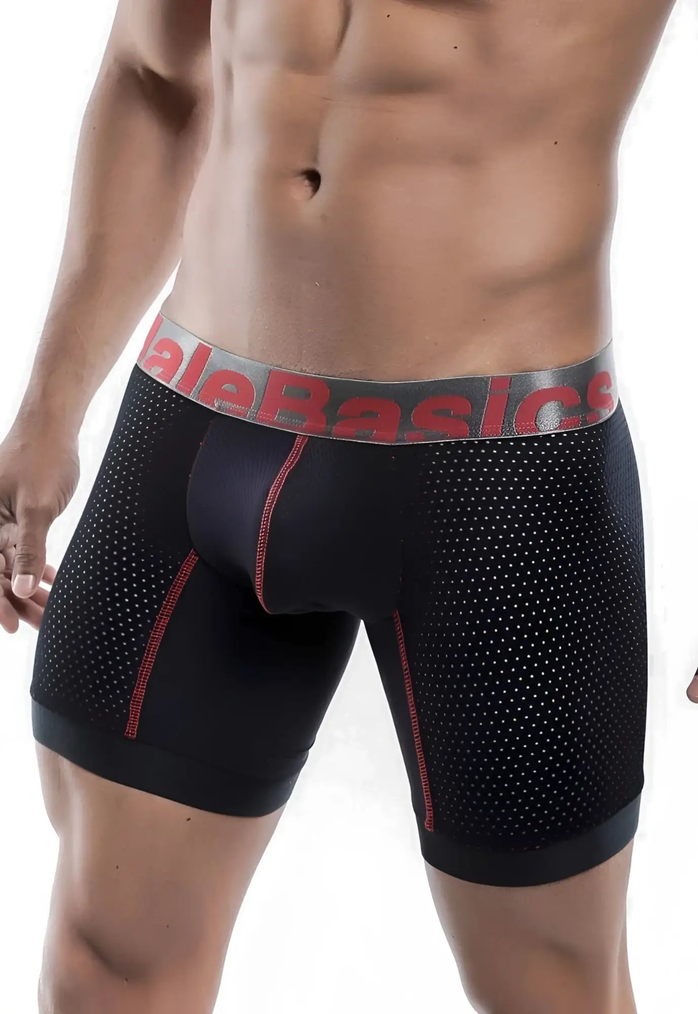 Black malebasics performance titanium fit boxer briefs with perforated texture red stitching and gray elastic waistband