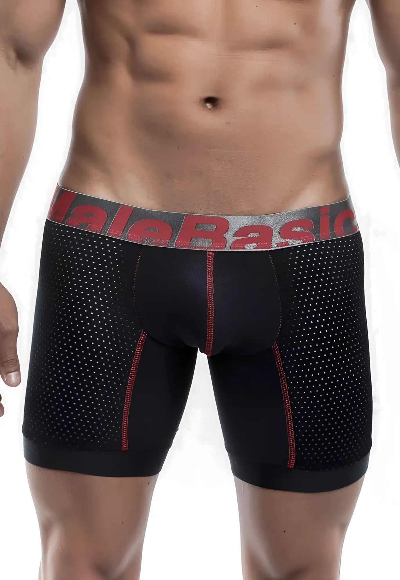 Black malebasics performance titanium fit boxer briefs with perforated mesh and red stitching on gray waistband