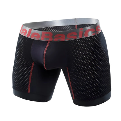 Black mesh boxer briefs with red stitching and gray malebasics waistband in performance titanium fit design
