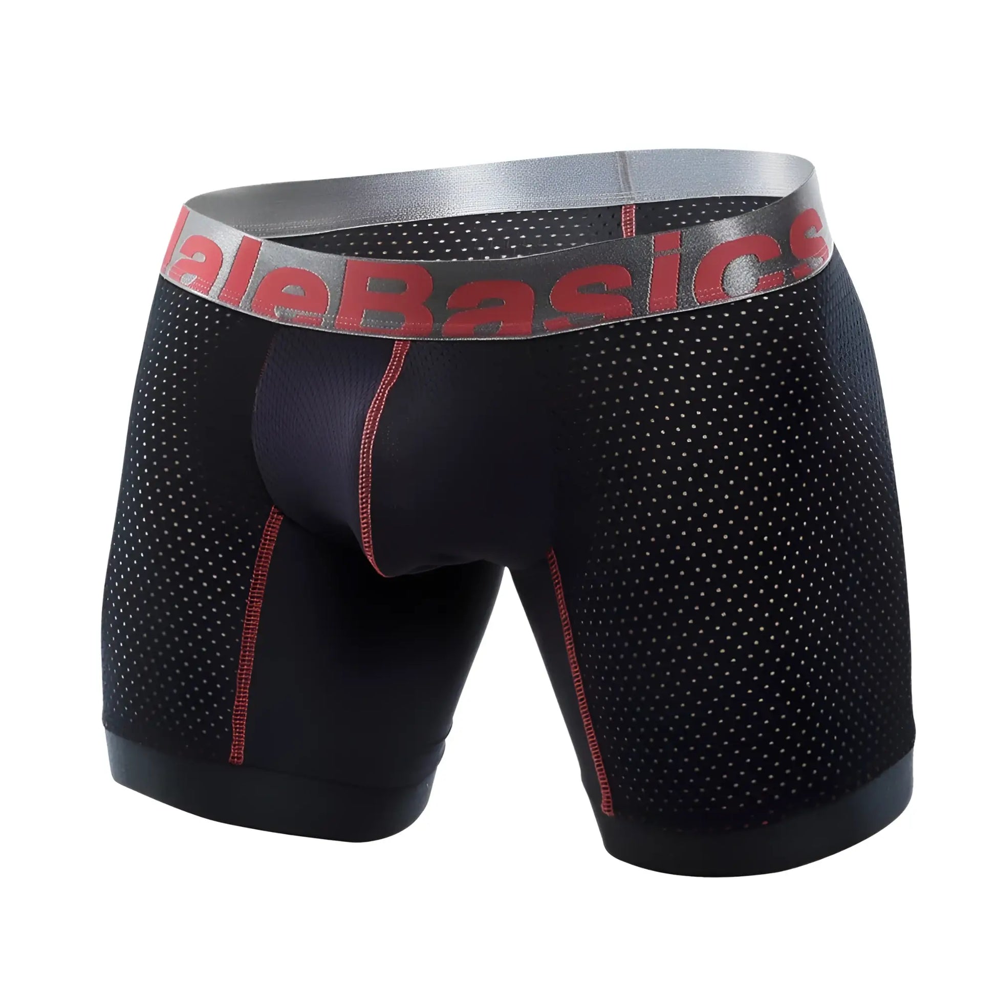 Malebasics performance titanium fit black mesh boxer briefs with red stitching and gray waistband front view