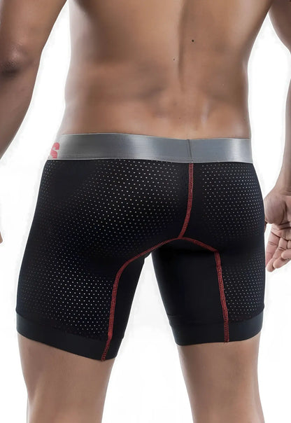 Malebasics performance titanium fit boxer brief in black perforated fabric with gray waistband and red stitching accents