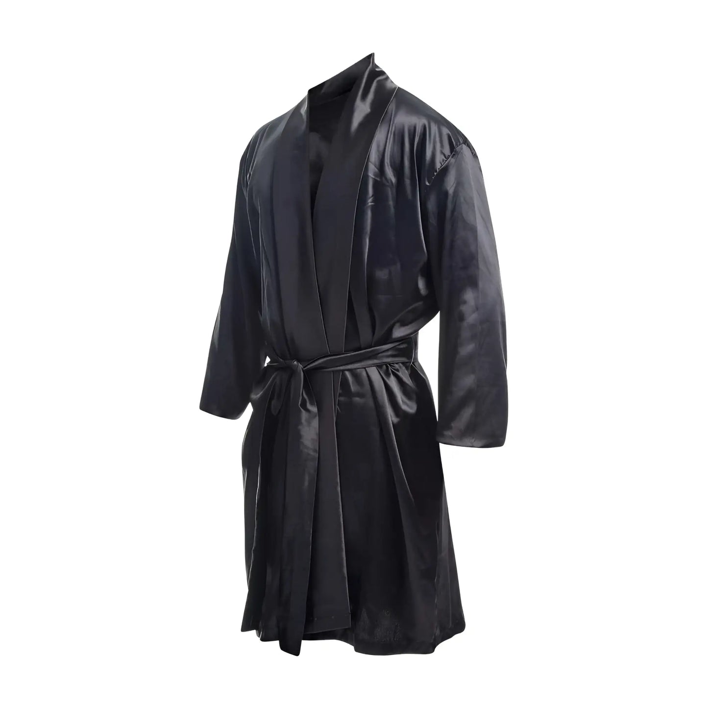Black satin Malebasics robe with matching belt made from smooth satin fabric for comfortable loungewear