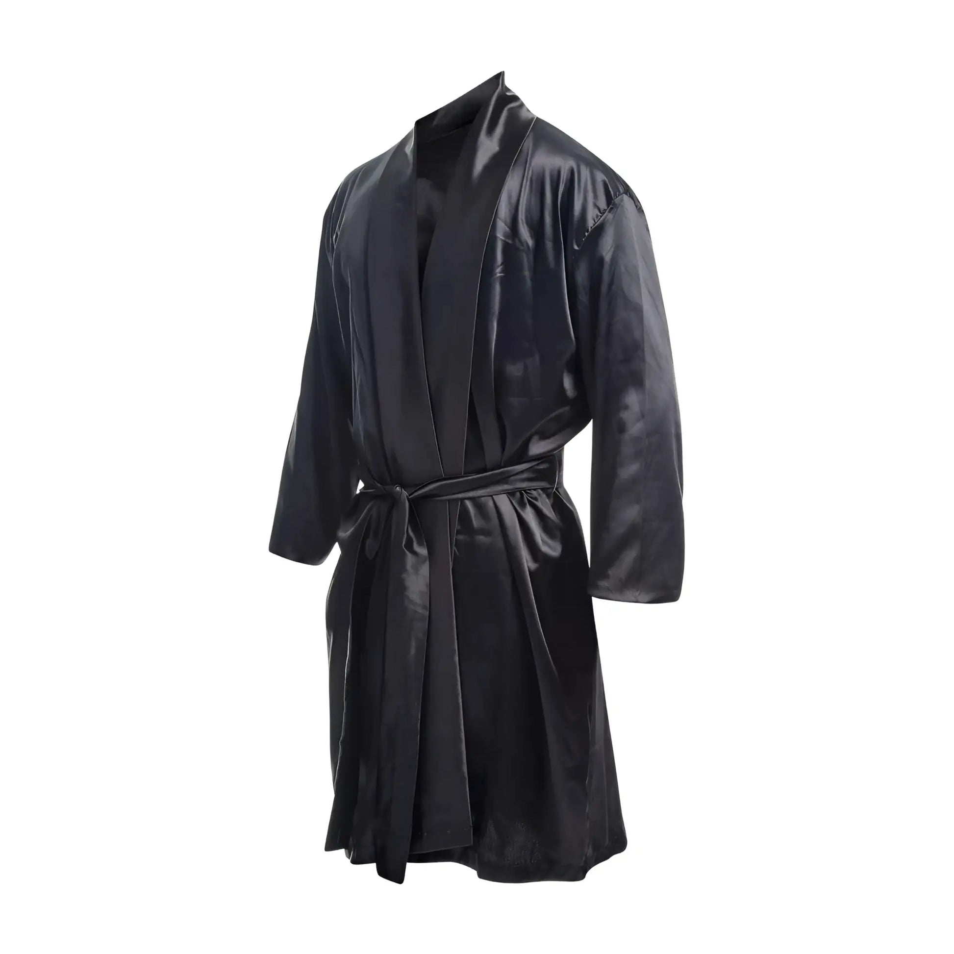 Black satin Malebasics robe with matching belt made from smooth satin fabric for comfortable loungewear