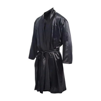 Black satin Malebasics robe with matching belt made from smooth satin fabric for comfortable loungewear