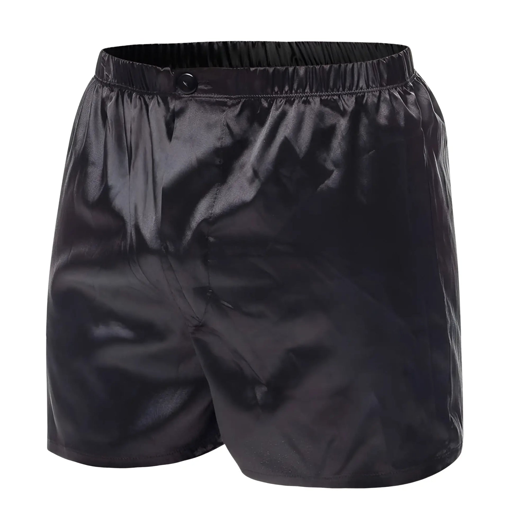 Black satin Malebasics shorts with elastic waistband and single button closure for comfortable wear