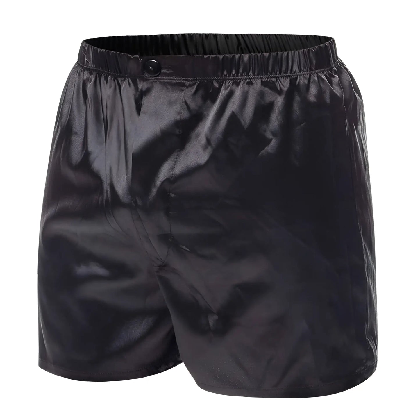 Malebasics shorts satin black satin boxer shorts with elastic waistband and single button closure front view