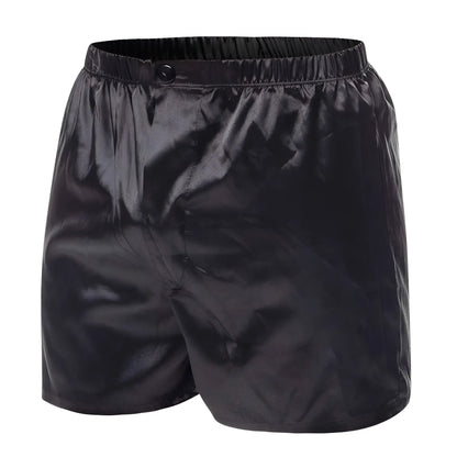 Malebasics shorts satin black satin boxer shorts with elastic waistband and single button closure front view