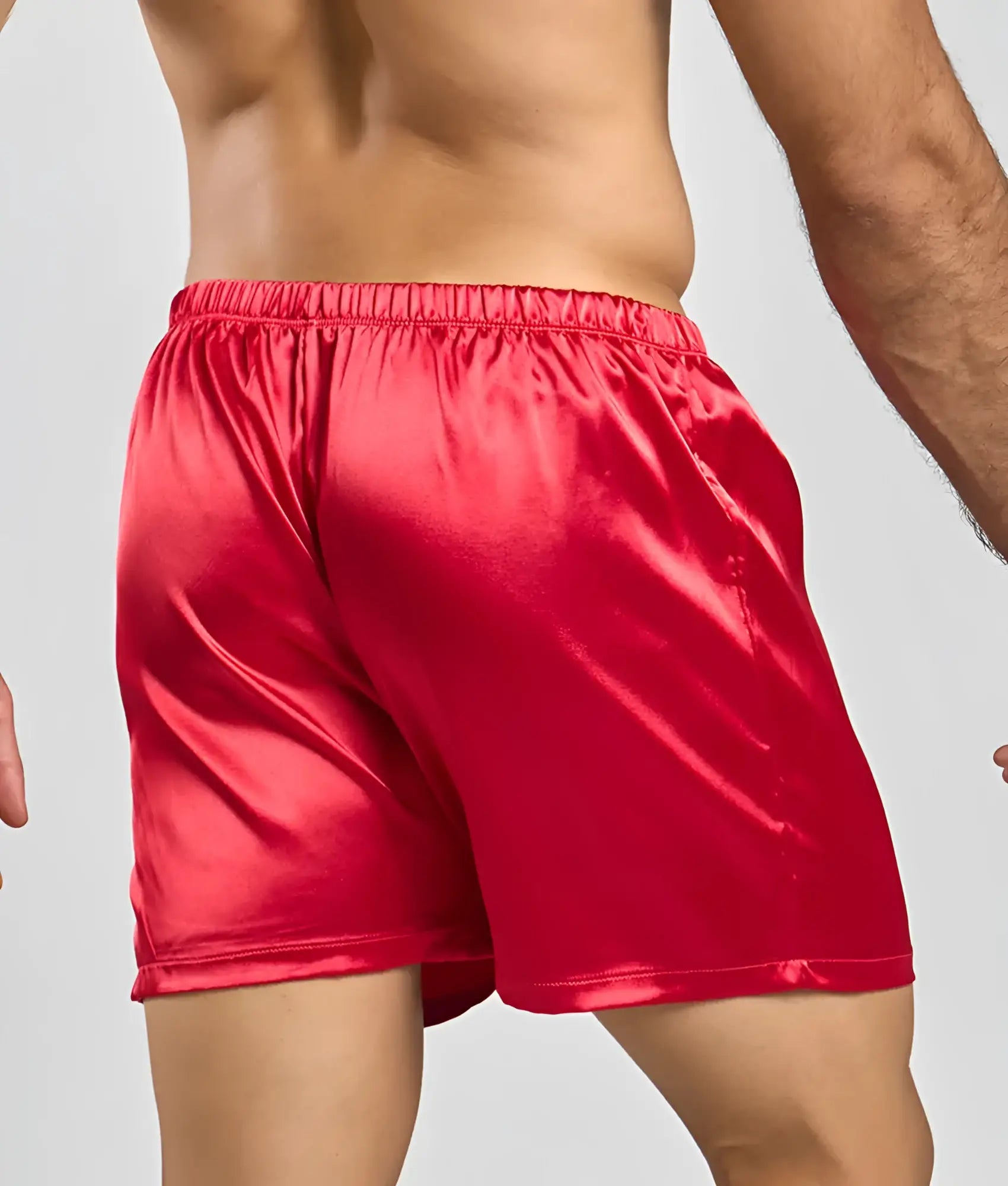 Red satin shorts with elastic waistband from malebasics shorts satin for comfortable casual wear