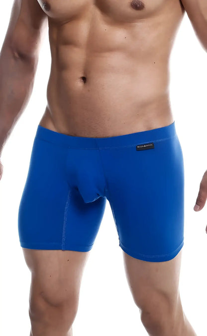 Malebasics silver plus bright blue form-fitting boxer briefs with smooth fabric and black brand tag on waistband