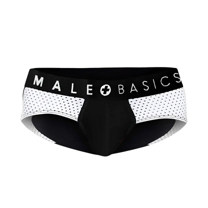 Black and white mesh patterned men’s underwear brief with male basics branding on the waistband