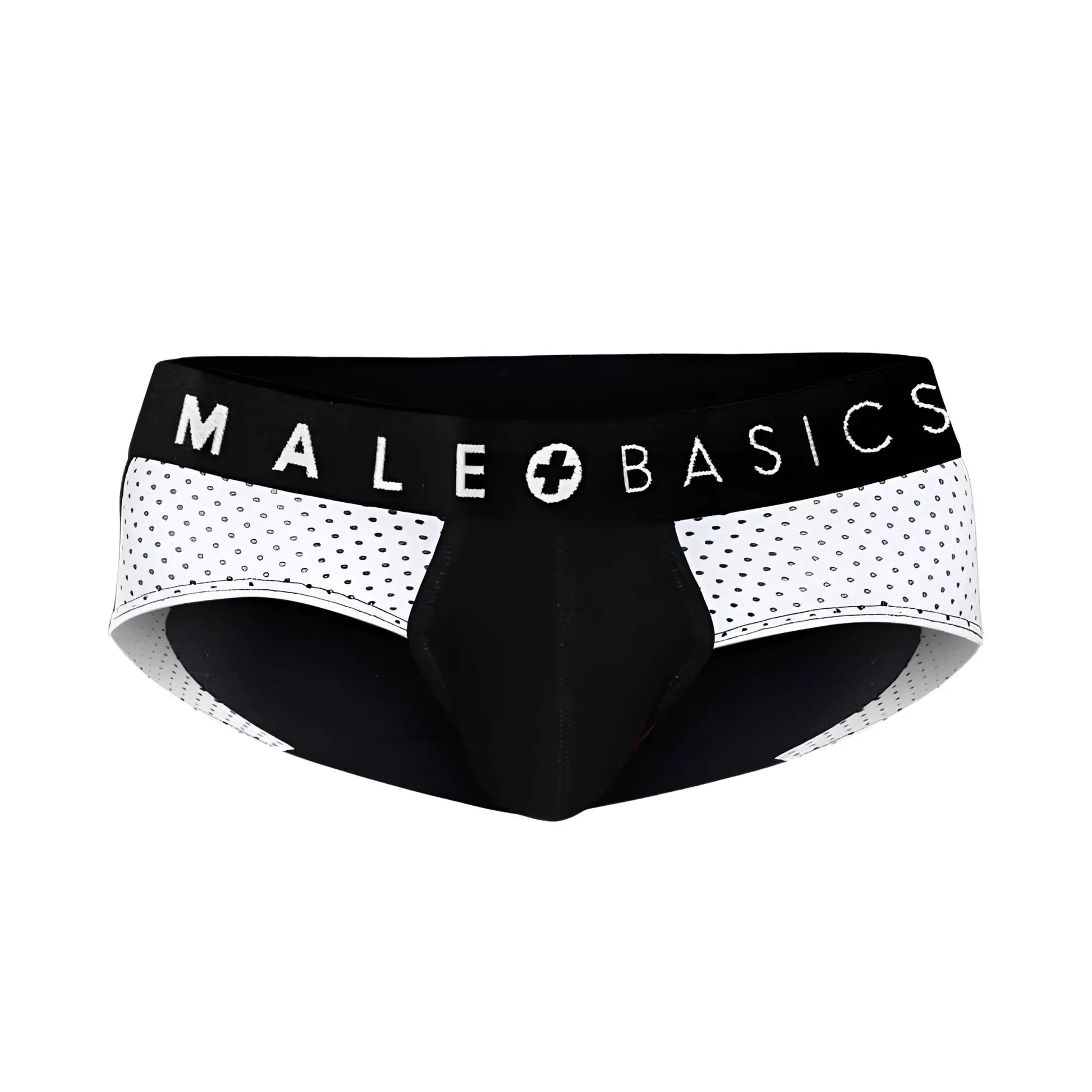 Black and white mesh-patterned male basics spot brief underwear with branded waistband for everyday comfort