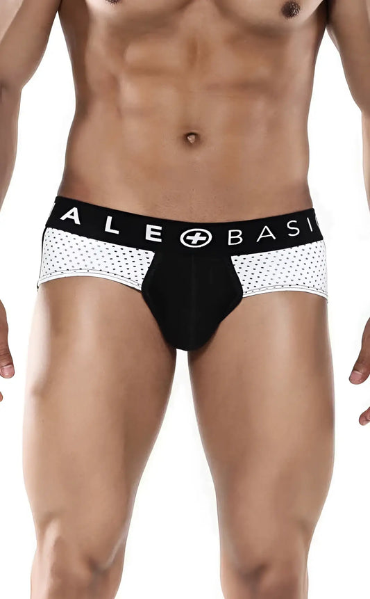 Malebasics spot brief black black and white patterned briefs with mesh sides and ale basi branded waistband