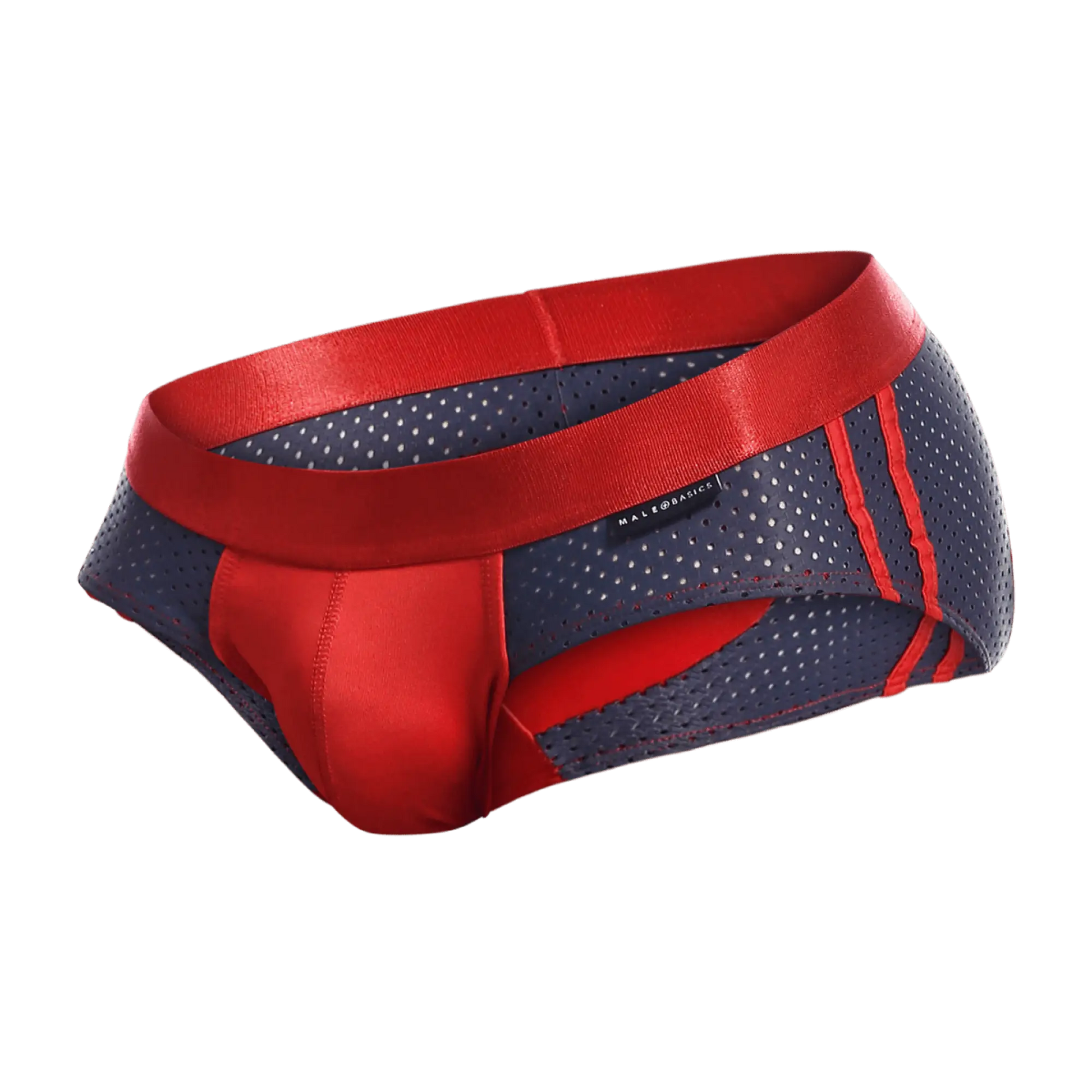 MaleBasics Spot Brief red navy blue perforated brief with satin-like red waistband and bold red side stripes