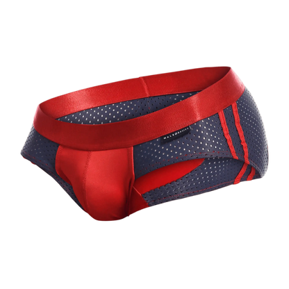 Malebasics spot brief-red perforated red and navy blue briefs with satin red waistband and bold red side stripes