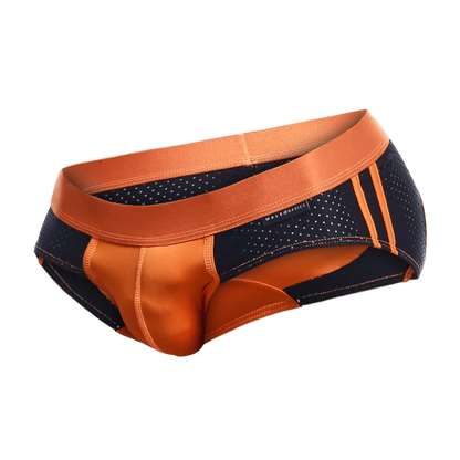 Malebasics spot brief red athletic briefs in orange and navy blue with perforated mesh and satin trim detail