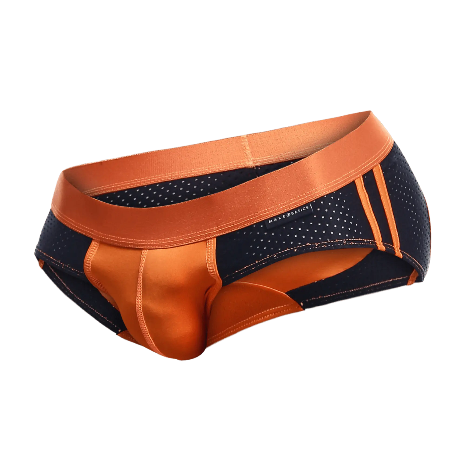Malebasics spot brief red orange and navy blue athletic briefs with perforated mesh and satin-like trim