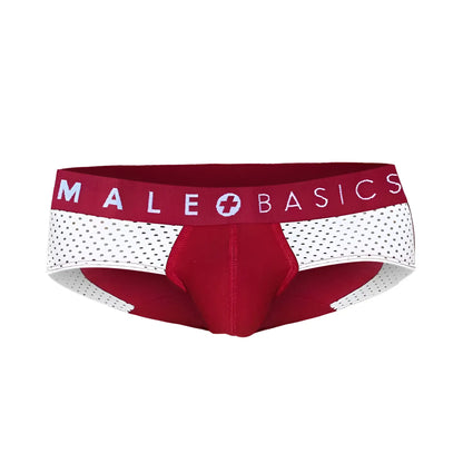 Malebasics spot brief red male briefs with red and white colors and perforated mesh side panels for comfort