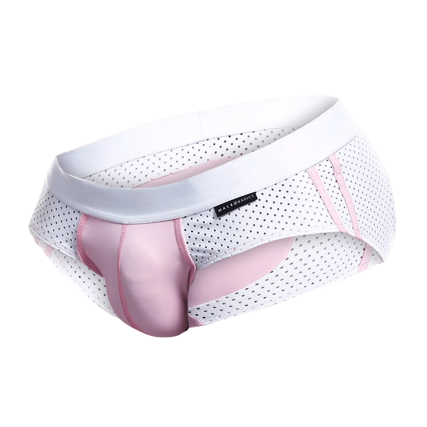 Malebasics spot brief red perforated white and pink mesh with satin-like pink panel men’s underwear