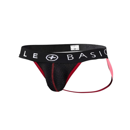 Malebasics spot jockstrap black black and pink mesh athletic brief with branded waistband shown from the back side