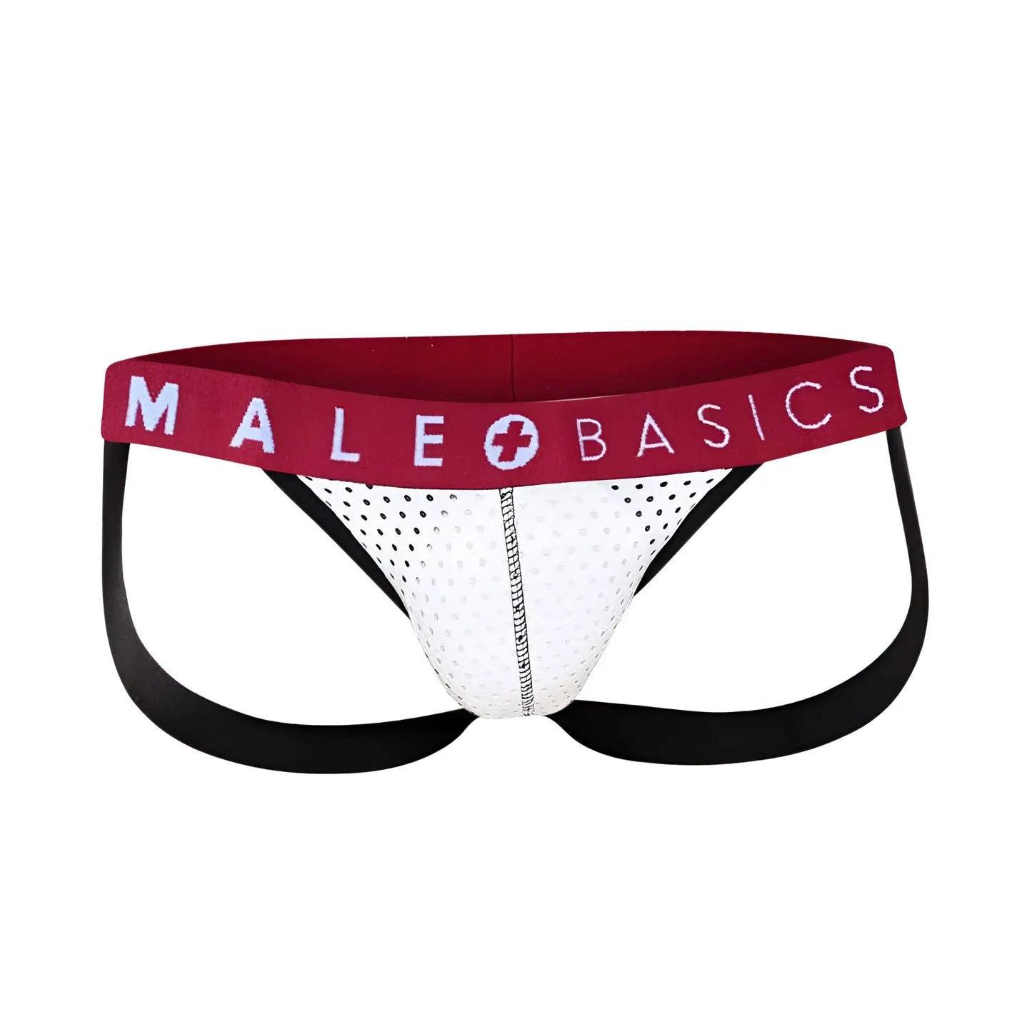 Malebasics spot jockstrap white mesh male briefs with red waistband and black side straps for support and style