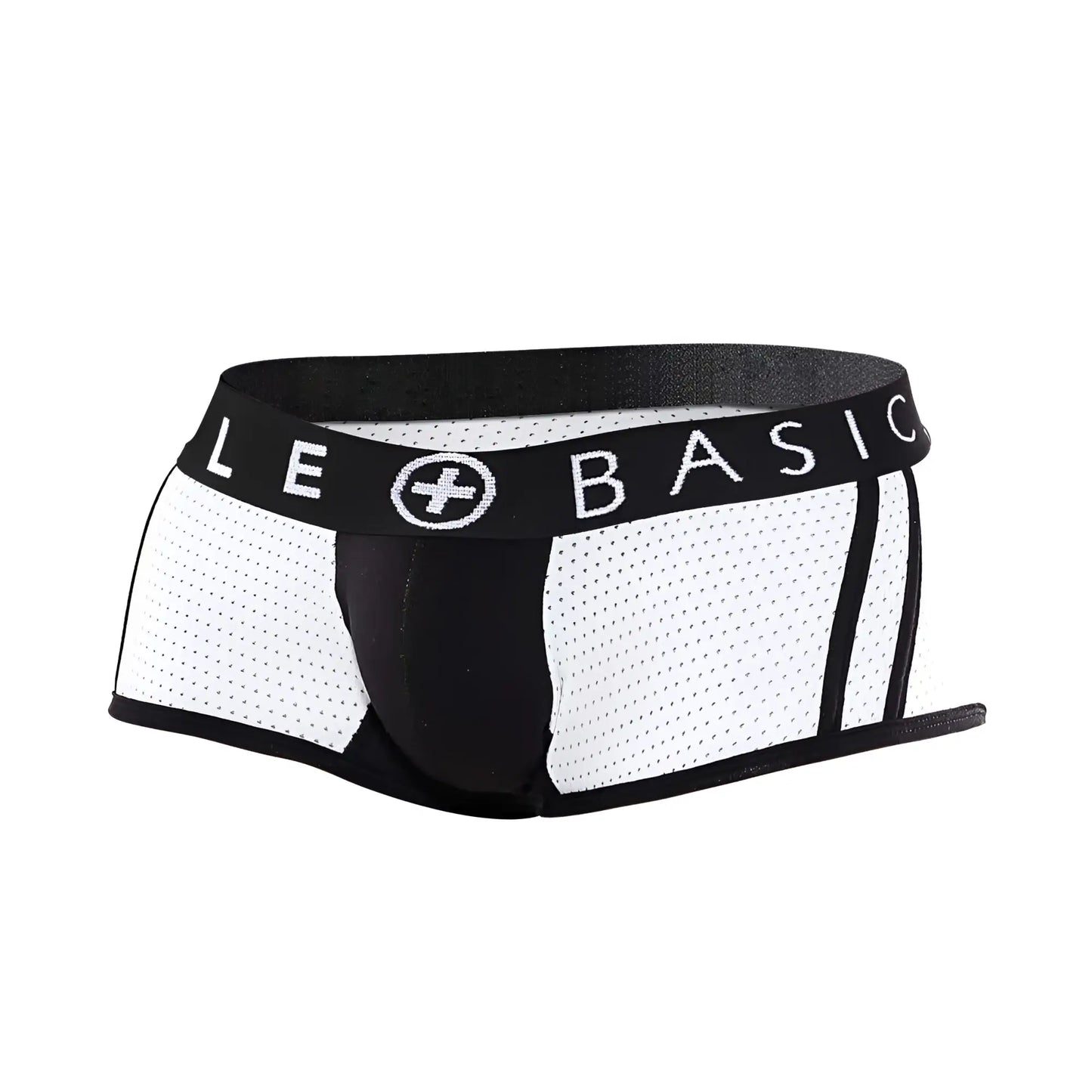 Malebasics spot new sexier trunk pink white and black mesh briefs with branded elastic waistband front view