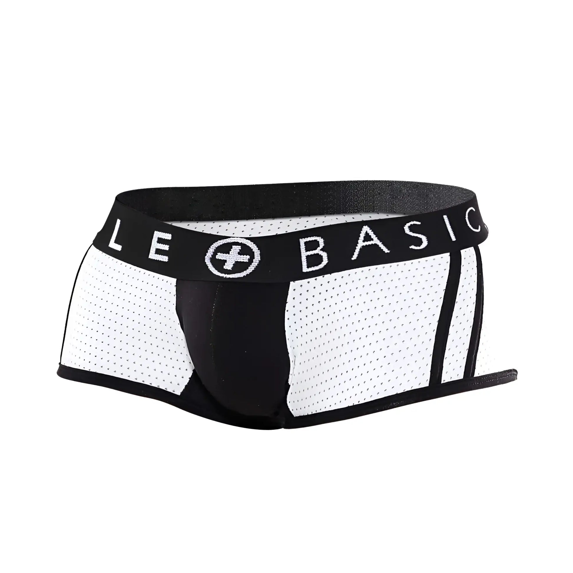 Malebasics spot new sexier trunk pink white and black mesh briefs with branded elastic waistband front view