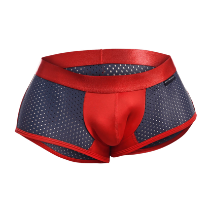 Red and navy blue perforated athletic briefs with satin-like red waistband from malebasics spot new sexier trunk pink collection