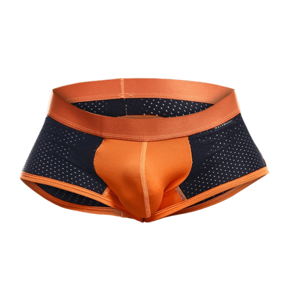 Malebasics Spot new sexier trunk pink in orange and navy blue athletic briefs with perforated sides and orange waistband