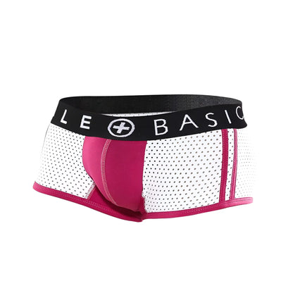 Malebasics spot new sexier trunk pink white and fuchsia mesh briefs with black le basic waistband front view