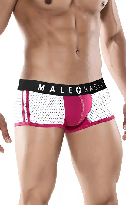 Pink and white mesh boxer briefs with a black male basic logo waistband from Malebasics Spot New Sexier Trunk collection