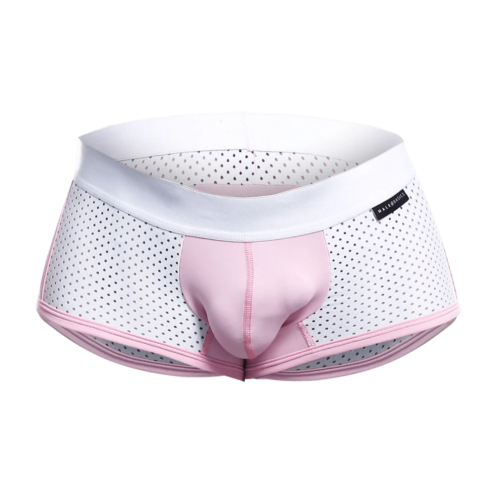 Malebasics spot new sexier trunk pink perforated mesh briefs with solid pink front panel for breathable comfort