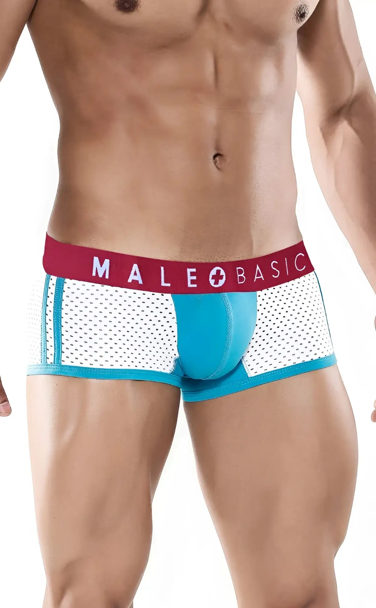 Men’s blue and white mesh briefs with red male basic logo waistband from malebasics spot new sexier trunk turquoise line