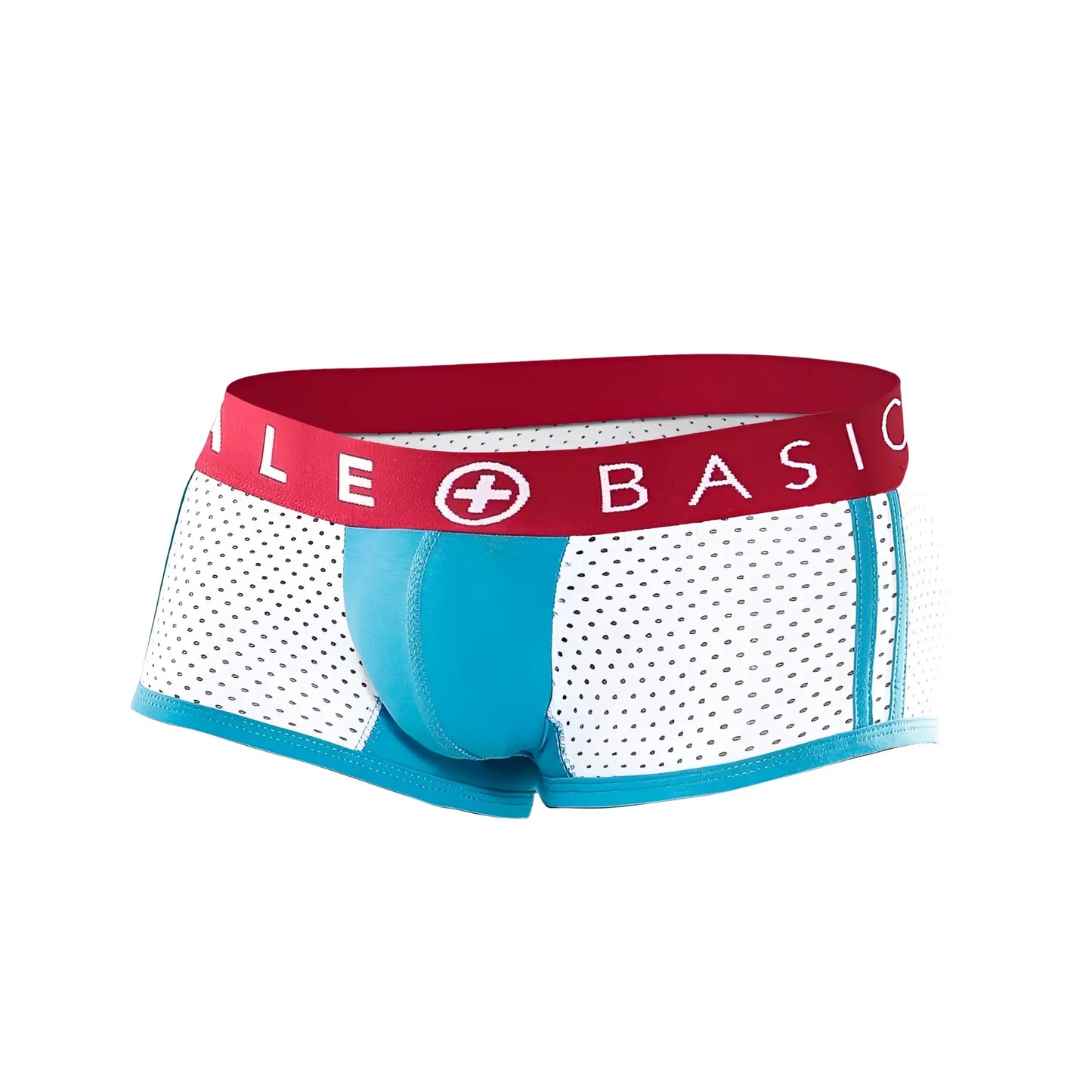 Malebasics spot new sexier trunk turquoise white and turquoise mesh briefs with red waistband featuring le plus basic logo