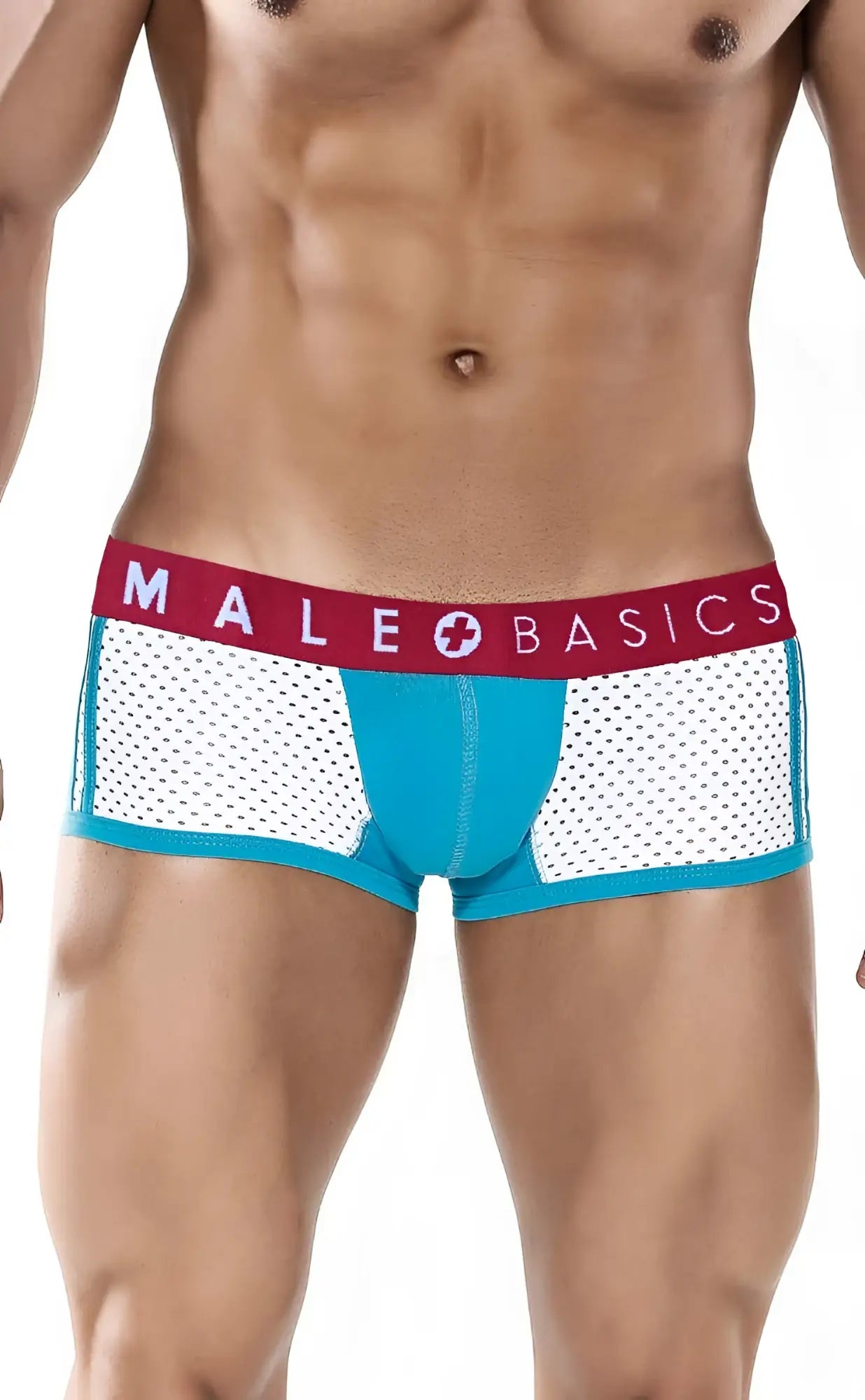 Blue and white mesh men’s briefs with a red waistband featuring the male basics logo in the spot new sexier trunk-turquoise style