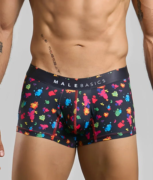 Malebasics trunk hipster black splash boxer briefs with vibrant multicolored paint splatter and red stitching